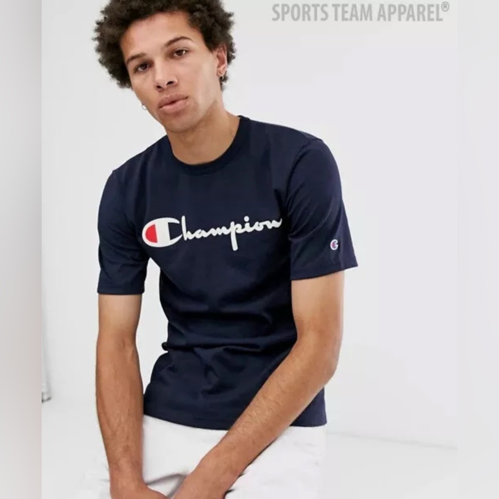 Champion T-Shirt Men's Size L Black Tee Classic Fit Script Front Logo